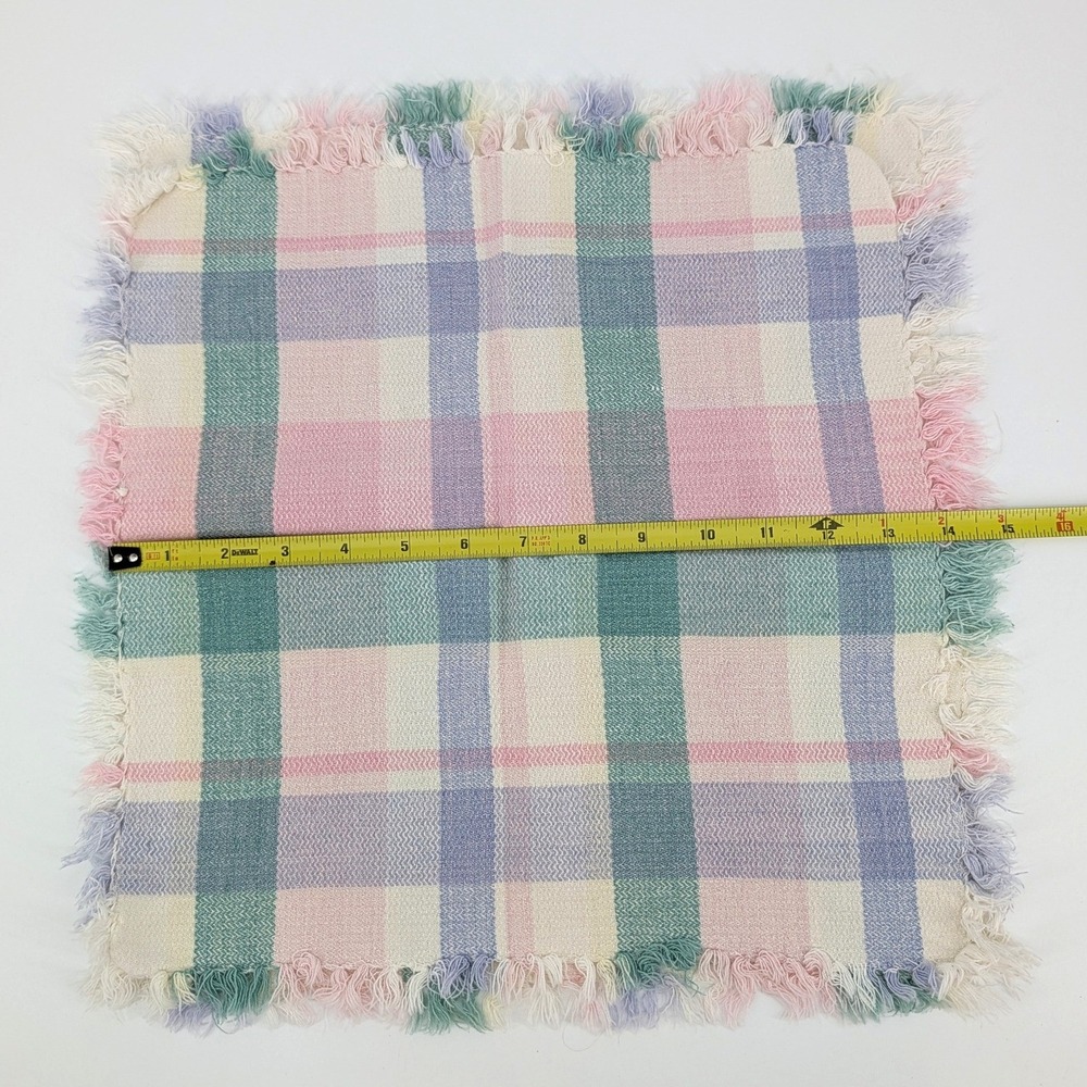 Vintage Pink Green Pastel Plaid Cloth Napkins Set of 2 Fringed Woven Linens 14" - Picture 4 of 4